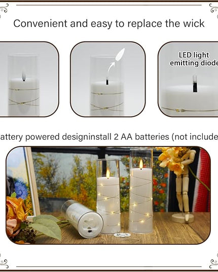 Flickering Flameless LED Candles, 9 Pcs with Embedded Star String, Acrylic LED Pillar Candles with Remote, Suitable for Home Decoration (White)