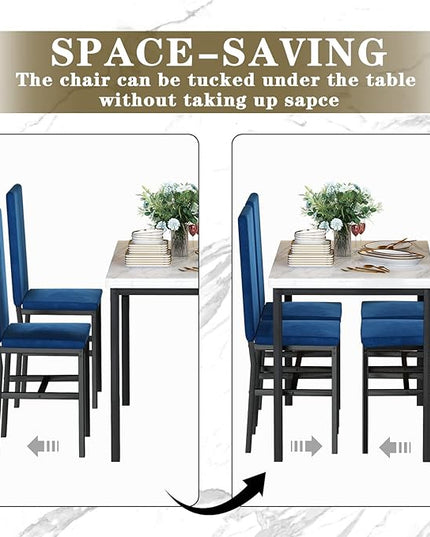 AWQM Dining Table Set for 4, Modern Marble Dining Table Set with 4 Upholstered Velvet Chairs,Dining Room Table Set for Kitchen, Breakfast Nook, Dining Room, White and Blue