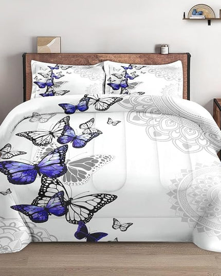 Full Size Comforter Set with 2 Pillowcases, Summer Spring Purple Butterfly 3 Pcs Bedding for Kids and Adults, Abstract Circular Mandala Floral Soft Comforter Set for Bedroom Bed Decor