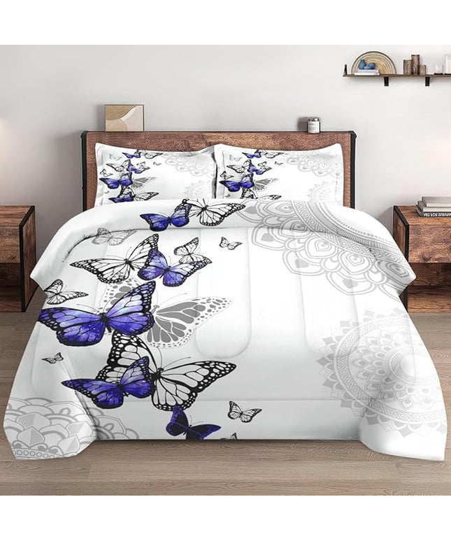 Twin Size Comforter Set with Pillowcase, Summer Spring Purple Butterfly 2 Pcs Bedding for Kids and Adults, Abstract Circular Mandala Floral Soft Comforter Set for Bedroom Bed Decor