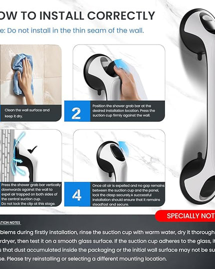 2 Pack 16 Inch Grab Bars for Bathtubs and Showers for Seniors, Heavy Duty Shower Handle for Elderly, Suction Cup Removable Handrails Handicap Bath Grip Bathroom Safety Grips (Black and White