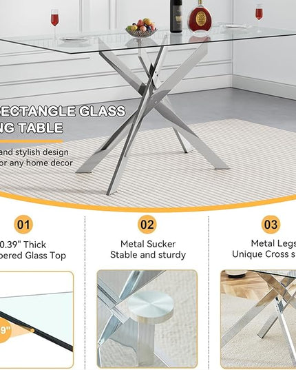 5 Piece Glass Dining Table Set, Glass Kitchen Dining Room Table Set for 4, Modern 51" Rectangular Silver Glass Metal Dining Table with 4 Black Leather Dining Chairs for Kitchen Dining Room