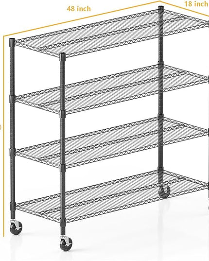 Himimi 72" H Storage Shelves 4 Tier Metal Shelving Adjustable Wire Shelf with Wheels, Heavy Duty Shelving for Garage Kitchen Pantry Bathroom Laundry 18" D*48" W*72" H, Black