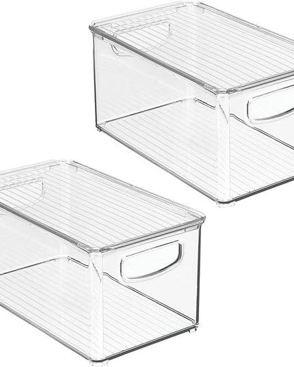 mDesign Plastic Deep Storage Bin Box Container with Lid and Built-In Handles - Organization for Fruit, Snacks, or Food in Kitchen Pantry, Cabinet, or Cupboard, Ligne Collection, 2 Pack, Clear