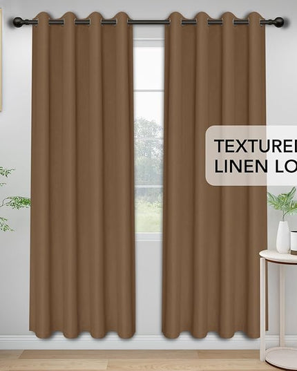 Easy-Going Linen Look Blackout Curtain Grommet Window Curtain Drapes for Bedroom, Living Room Thermal Insulated Room Darkening (2 Panels, 52x108 inch, Brown)