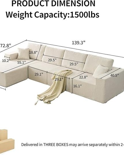 139" Boneless Cloud Sectional Couch for Living Room, Compressed Modular L-Shaped Sofa with Deep Seat, Frameless Corduroy Couch in Boxes, No Assembly Required 4-Seater (Left-Facing Chaise, Beige)
