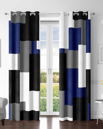 Navy Blue Grey 100% Blackout Curtains for Bedroom 96 inch Long 2 Panels Set Gray Modern Abstract Geometric Black Out Curtains Insulated Room Darkening Window Drapes for Living Room, 52Wx96L
