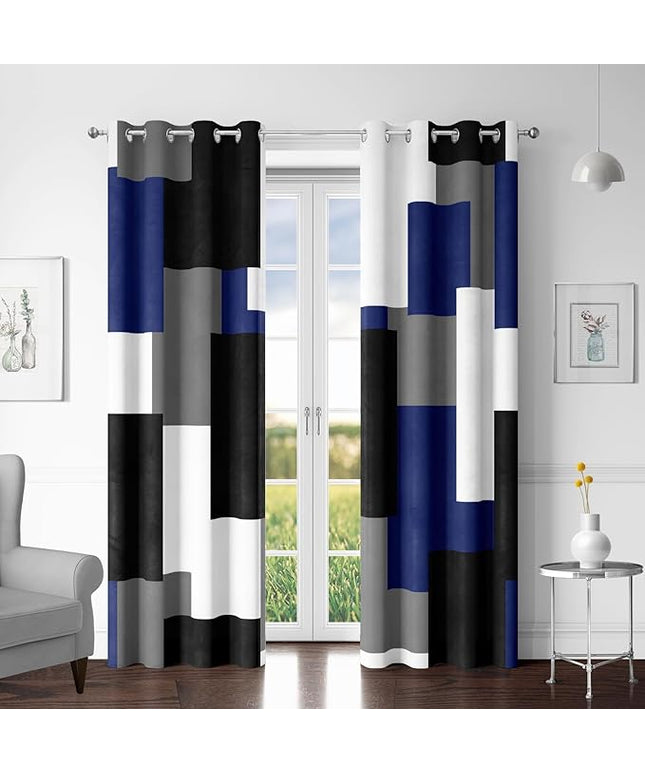 Navy Blue Grey 100% Blackout Curtains for Bedroom 96 inch Long 2 Panels Set Gray Modern Abstract Geometric Black Out Curtains Insulated Room Darkening Window Drapes for Living Room, 52Wx96L