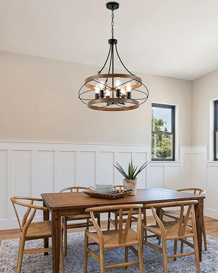6-Light Farmhouse Chandelier, 23.62" Rustic Drum Dining Room Light Fixture, Vintage Wood Finish Metal Hanging Pendant Lighting, Industrial Candle Chandeliers for Living Room Kitchen Entryway Bedroom
