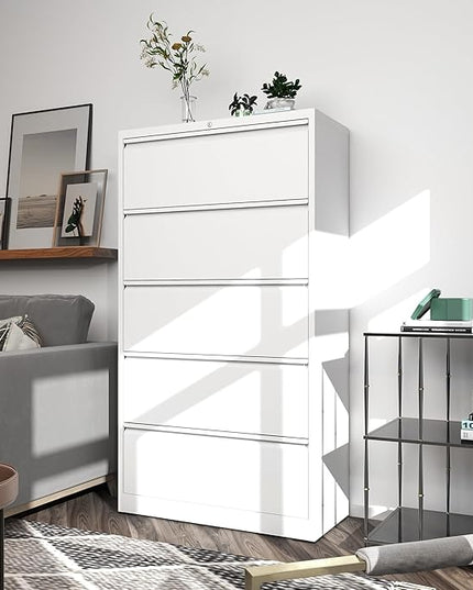 5 Drawer Metal Office Storage Filing Cabinet with Lock, White Lateral File Cabinet for Home Office, Horizontal Locking for Legal/Letter/A4, Assembly Required