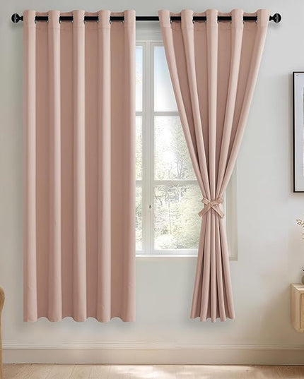 JIUZHEN Blush Pink Blackout Curtains with Tiebacks Thermal Insulated, Light Blocking and Noise Reducing Grommet Curtains for Bedroom and Living Room,Set of 2 Window Curtain Panels, 60 x 72 Inch Length