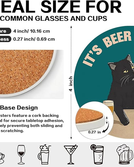 zcyhtqp, It's Beer O'Clock, Funny Absorbent Round Ceramic Stone Coasters Set of 4 with Cork Base, Funny Bar Coasters, Cat Lover, Gifts for Home, Bar, Office Table Décor