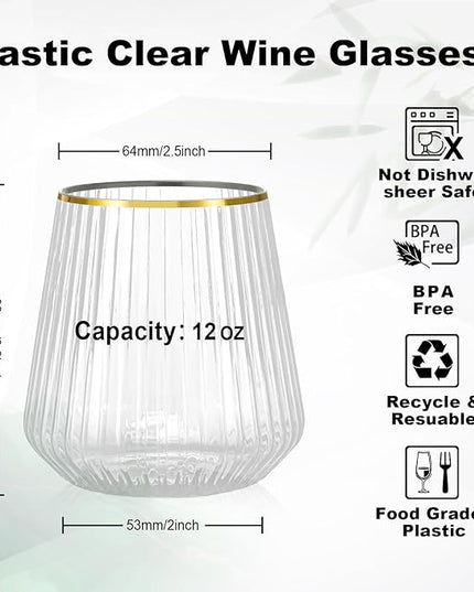 BESTSTAR 72 Pcs 12 oz Plastic Clear Gold Rim Ribbed Wine Glasses, Origami Ripple Disposable Champagne Glasses Elegant Whiskey Glasses Ideal for Weddings, Bars, Christmas, Pool Party, Daily Use