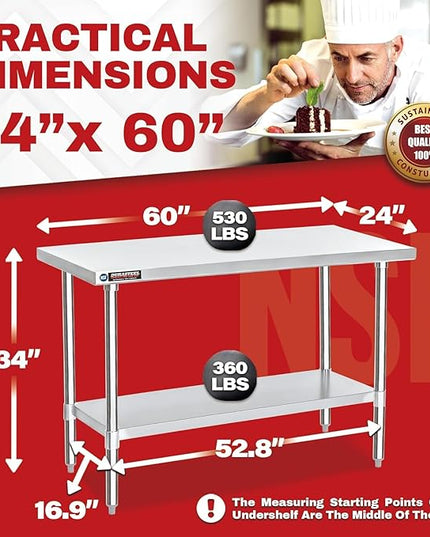 DuraSteel 24x60 Stainless Steel Work Table - NSF Commercial Prep Metal Table - Outdoor Pizza Oven Stand w/Under Shelf - Kitchen Island Laundry Utility Garage Microwave Stand Large Rolling Storage Cart