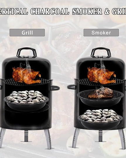 Sophia & William 17" Vertical Charcoal Smoker Grills with Two-Tier Grates, Heavy-Duty Integral Chamber and Tunnel Ventilation System for BBQ, Patio, Outdoor Camping(Black)
