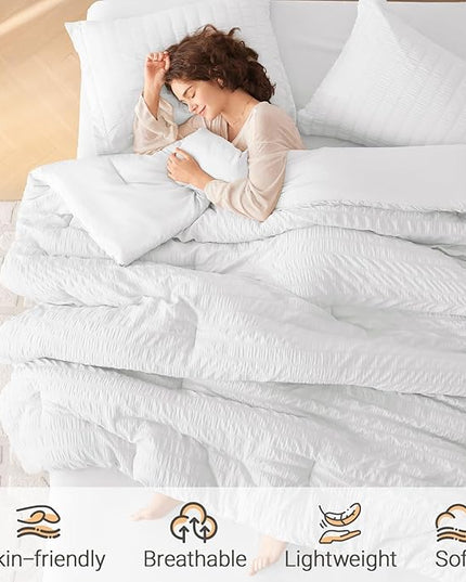 MUXHOMO 5 Pieces Twin XL Comforter Set, Seersucker Bed in a Bag Twin XL Size, All Season Luxury Bedding Set with Comforter, Flat Sheet, Fitted Sheet, Pillowcase & Sham, White