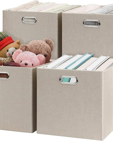 Posprica Collapsible Storage Cubes,11×11×11 Fabric Storage Bins Containers Drawers,4pcs, Beige