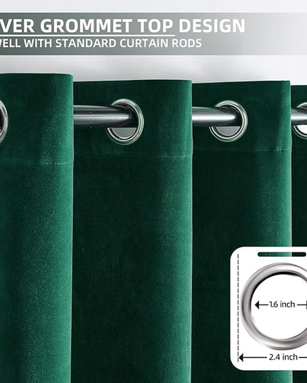 Joydeco Dark Green Velvet Curtains 108 Inches Long, Luxury Grommet Blackout Curtain 2 Panels, Thermal Insulated Privacy Room Darkening Window Drapes for Bedroom Living Room Home Theatre (52Wx108L)