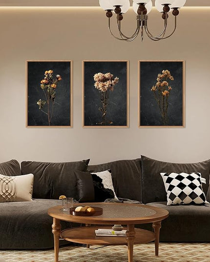 HOURIA Moody Boho Floral Framed Canvas Wall Art Set,Vintage Black Flower Wall Decor,Mid Century Minimalist Wildflower Artwork,Nature Retro Botanical Art Print for Living Room,Bedroom,Office- 16"x24"x3