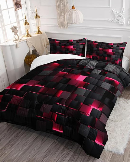 Geometric Pink Black Comforter Set,Light Honeycomb 3 Piece Bedding Set King Size for Teen Boys,Modern Quilt Set Geometry Decor,Microfiber Lightweight 1 Comforter 2 Pillowcases All Season