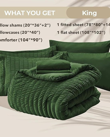 HYMOKEGE Dark Green King Size Comforter Set Seersucker 7 Pieces, All Season Luxury Bed in a Bag for Bedroom, Bedding Set with Comforters, Sheets, Pillowcases & Shams