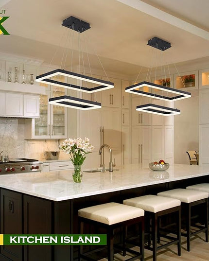 2 Rings Modern LED Chandelier Black 23.6inch Rectangle Dimmable LED Pendant Light with Remote Control 2 Tier Flush Mount High Ceiling Light for Dining Living Room Foyer(3000K-6500K, H59)