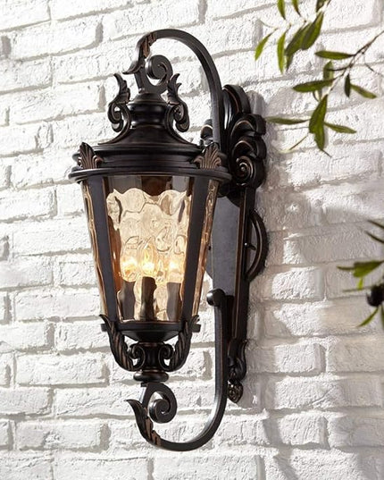 John Timberland Casa Marseille Rustic Industrial Outdoor Wall Light Fixture Warm Bronze Scroll 27 1/2" Hammered Glass for Exterior House Porch Patio Outside Deck Garage Yard Front Door Garden Home