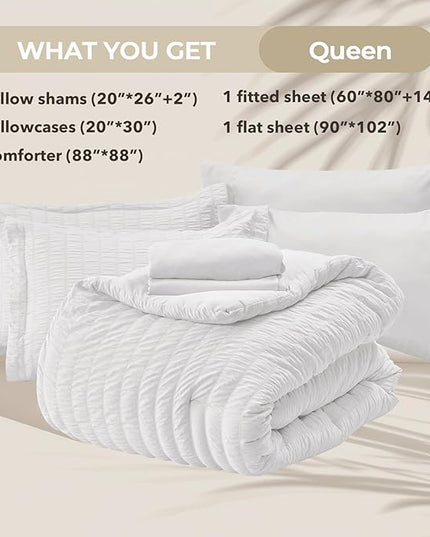 HYMOKEGE White Queen Comforter Set Seersucker 7 Pieces, All Season Luxury Bed in a Bag for Bedroom, Bedding Set with Comforters, Sheets, Pillowcases & Shams