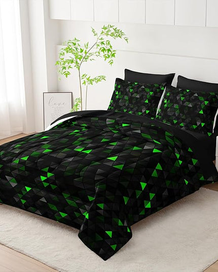 Geometric Green Black Triangle King Size Comforter Set,Light Honeycomb Bedding Set 7 Piece in A Bag,Bed Sheet Set Geometry Decor,Microfiber Lightweight All Season