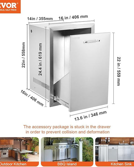 VEVOR Outdoor Kitchen Trash Drawer 16Wx22Hx16 D, Propane Tank Drawer, Stainless Steel Pull Out Trash with Handle, Outdoor Kitchen Cabinets Can Pull Out, BBQ Island Bin