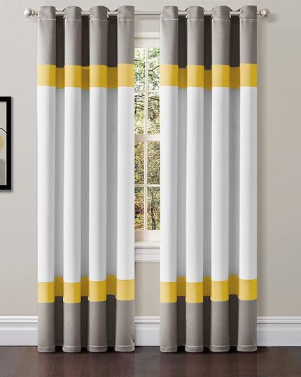 Lush Decor Alexander Color Block Light Filtering Window Curtain Panel Pair, 52"W x 84"L, Gray & Yellow