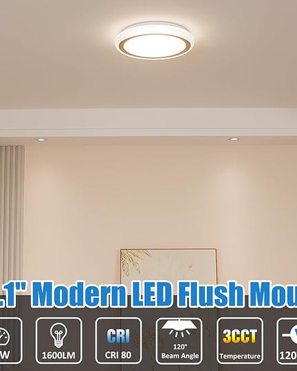 16 Inch Golden Crystal LED Flush Mount Light Fixtures, 24W Dimmable Modern Ceiling Lights, 3000K/4000K/5000K Adjustable Lamps for Bedroom, Kitchen, ETL Listed