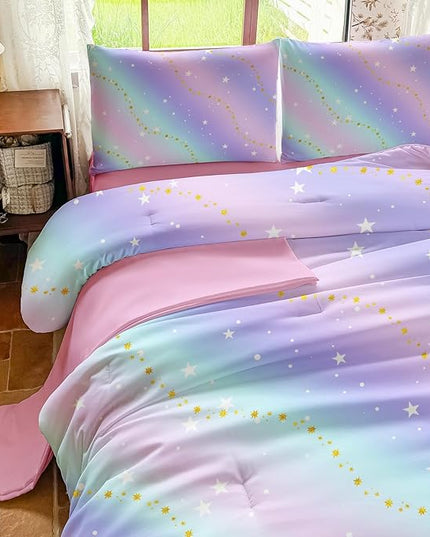 Rainbow Bedding Set Twin Size – 5 Piece Reversible Girls Comforter with Deep-Pocket Sheet, Gradient Galaxy Design, Whole-Piece Filling, Machine Washable Bed-in-a-Bag for Kids Room Makeover & Gifts