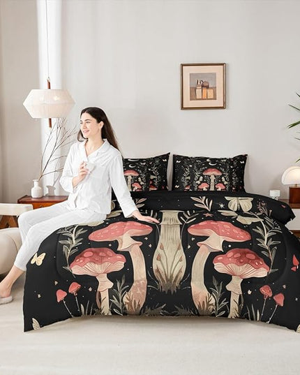 Feelyou Mushroom 7 Piece Bedding Set King Size Wild Fungus Comforter Set with Sheets for Kids Adult Botanical Plants Bed in a Bag Butterfly Bed Set