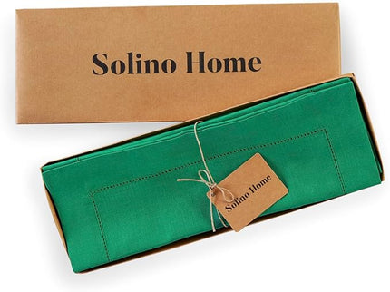 Solino Home Linen Cloth Placemats Set of 4-100% Pure Linen Hemstitch Emerald Green Placemats 14 x 19 Inch - Classic Hemstitch Table Place Mats for Christmas, New Year
