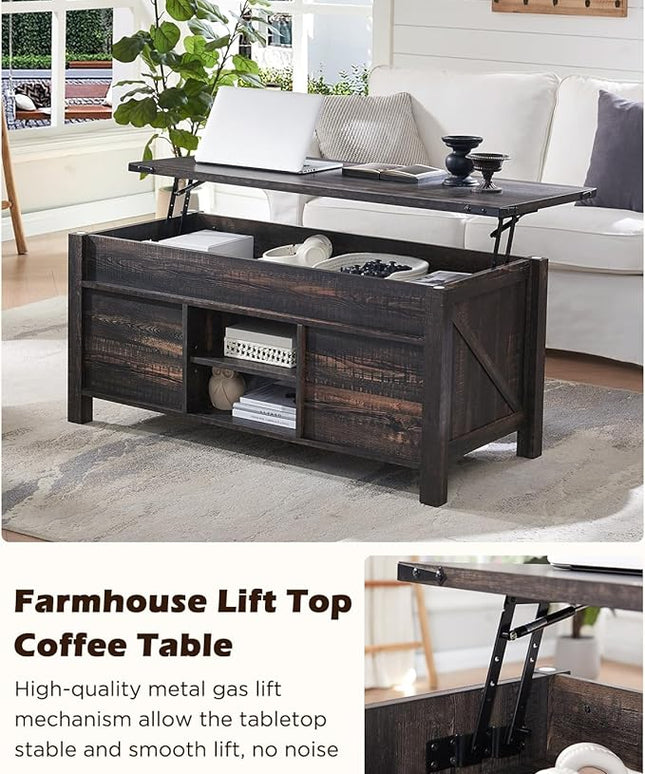 OKD 48" Farmhouse Lift Top Coffee Table with Sliding Barn Door,Rustic Center Table with Hidden Storage Compartment,Lifting Tabletop and Adjustable Shelf for Living Room,Office,Dark Rustic Oak