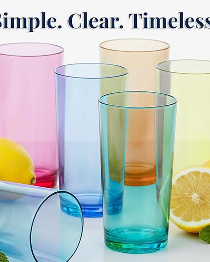 US Acrylic Classic Plastic Reusable Drinking Glasses (Set of 6) 24oz Iced Tea Cups Assorted Colors | BPA-Free Tumblers, Made in USA | Top-Rack Dishwasher Safe