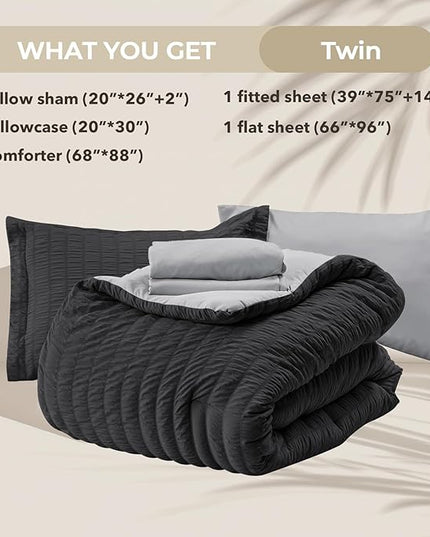 HYMOKEGE Black/Light Grey Twin Comforter Set Seersucker 5 Pieces, All Season Luxury Bed in a Bag for Bedroom, Bedding Set with Comforter, Sheets, Pillowcase & Sham