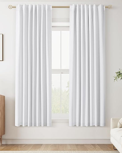 Guken White Linen Blackout Curtains 52 Inch Wide by 60 Inch for Living Room Bedroom Back Tab Thermal Insulated 100% Black Out Linen 2 Drapes Room Darkening Window Curtains White,2 Panels