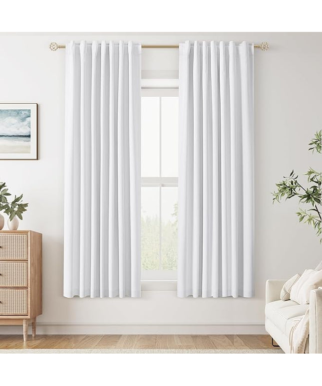 Guken White Linen Blackout Curtains 52 Inch Wide by 60 Inch for Living Room Bedroom Back Tab Thermal Insulated 100% Black Out Linen 2 Drapes Room Darkening Window Curtains White,2 Panels