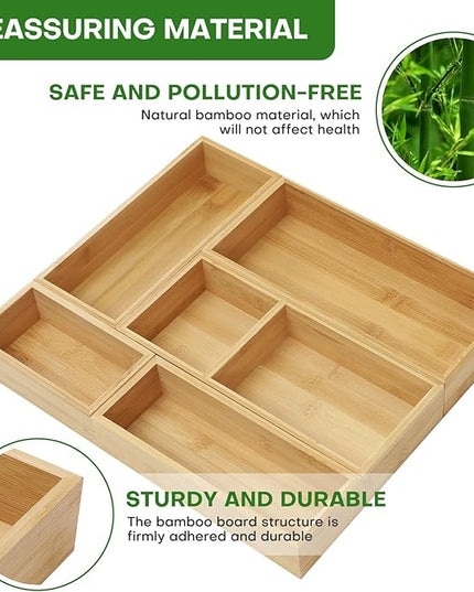 Bamboo Drawer Organizer Set, 5 PCS Multi-Use Individual Wood Storage Organizers, Junk Drawer Divider and Storage Trays Containers for Kitchen, Bathroom, Office Desk, Makeup, Jewelry, Utensils