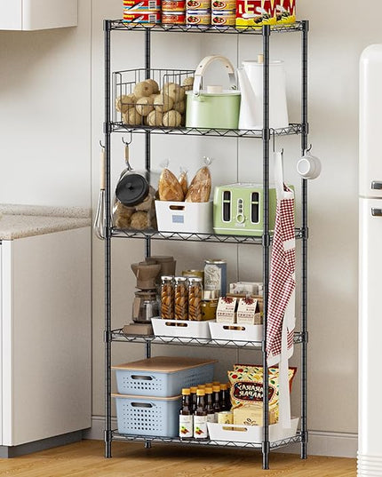Storage Shelves,21.3" W x 11.8" D x 58.5" H Wire Shelving Unit Loads 550LBS,5-tier Adjustable Metal Utility Shelf,Garage Shelves with Liner and Hooks,Home Storage Rack for Kitchen,Laundry,Pantry
