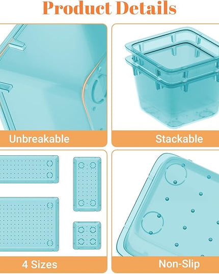 15 PCS Clear Plastic Drawer Organizer Set, 4-Size Acrylic Drawer Storage Trays, Storage Bins for Makeup, Gadgets, and Jewelry in Bathroom, Bedroom and Office, Clear Sea Blue