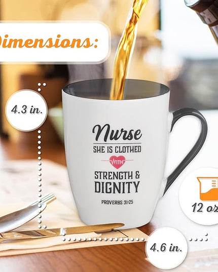 Christian Art Gifts Inspirational Ceramic Coffee & Tea Scripture Mug for Women Nurses: Strength & Dignity Encouraging Proverb, Microwave/Dishwasher Safe Novelty Cup, Cute Heart, White & Black, 12 oz.