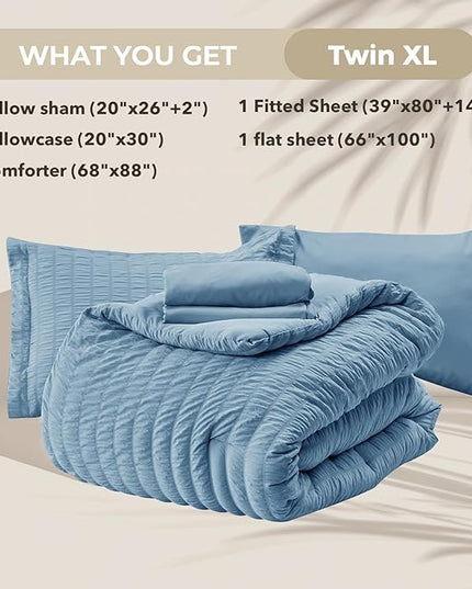 HYMOKEGE Mineral Blue Twin XL Comforter Set Seersucker 5 Pieces, All Season Luxury Bed in a Bag for Bedroom, Bedding Set with Comforter, Sheets, Pillowcase & Sham