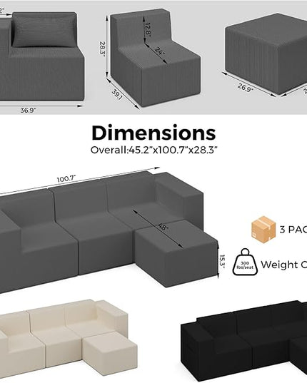 Minimalist Modular Corduroy Cloud Couch Sectional – Oversized Boneless Memory Foam Sofa for Living Room, Modern Comfy Couch, No Assembly Needed（101" L Shaped Sofa,Grey）