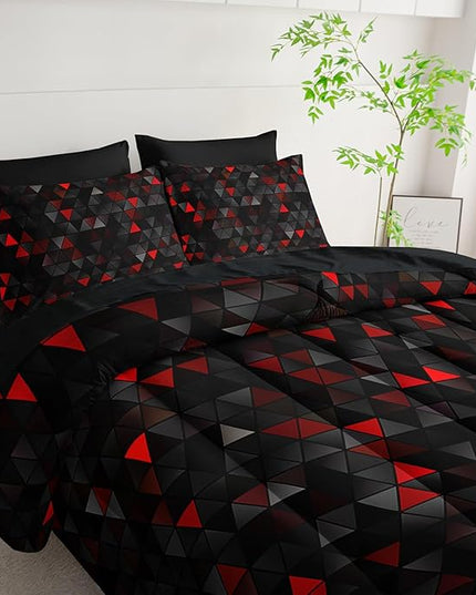 Geometric Red Black Triangle Queen Size Comforter Set,Light Honeycomb Bedding Set 7 Piece in A Bag,Bed Sheet Set Geometry Decor,Microfiber Lightweight All Season