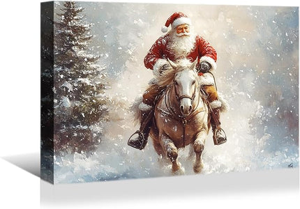 YONICA Christmas Wall Decor Santa Canvas Wall Art Home Decorations 40x28 Inches - Santa Pictures Santa Claus Riding a Horse Christmas Pine Tree Prints Winter Painting Xmas Artworks for Living Room