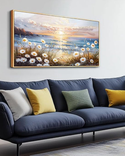 PHAOHUAXM Canvas Wall Art For Living Room Wall Decor For Bedroom Office Decorations Blue Ocean Landscape Painting Artwork Modern Beach Posters Aesthetic Ready To Hang Home Decor Wood Framed 20"x40"