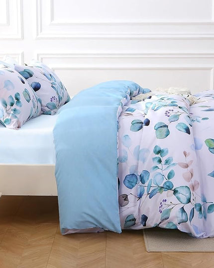 MUXHOMO Bed in a Bag Queen 7 Pieces, Queen Comforter Set Reversible Blue Botanical Flowers Design, Ultra Soft & Breathable Bedding Sets with Comforter, Sheets, Pillowcases & Shams